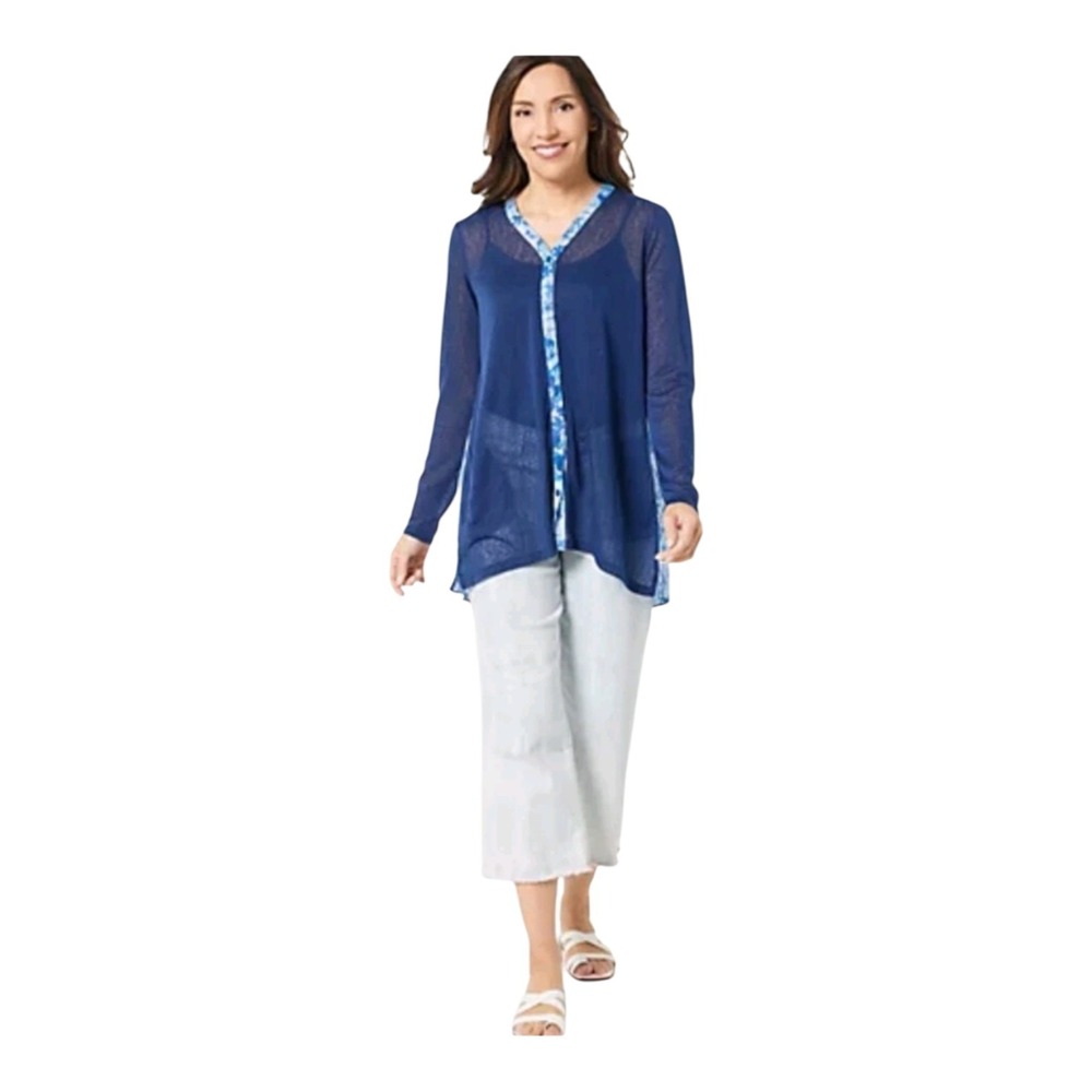 LOGO by Lori Goldstein Sweater Cardigan with Printed Back Blue Pleated Size L